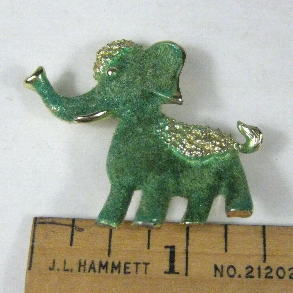 Elephant Brooch Goldtone Pin Green Flocked Faux Fur Vintage